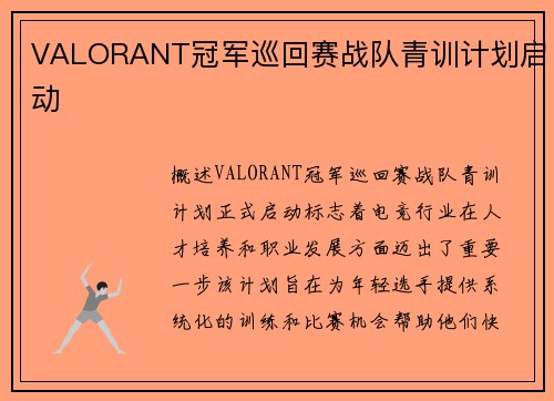 VALORANT冠军巡回赛战队青训计划启动