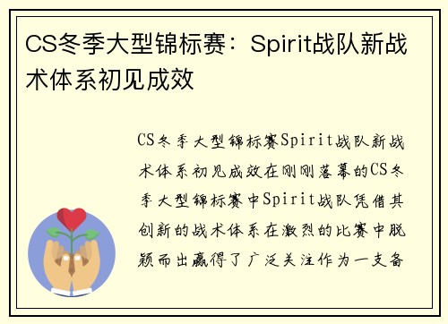 CS冬季大型锦标赛：Spirit战队新战术体系初见成效