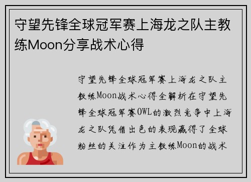 守望先锋全球冠军赛上海龙之队主教练Moon分享战术心得